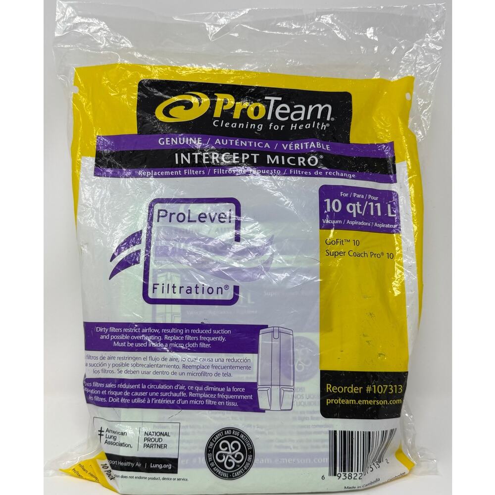 ProTeam Cleaning for Health Genuine Intercept Micro Vacuum Bags 10 Pk #107313